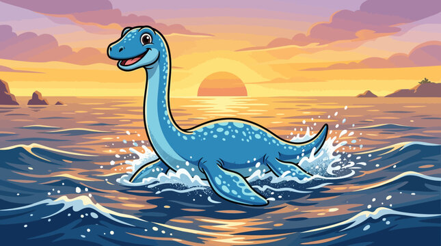 A friendly cartoon Loch Ness Monster joyfully swims through the sparkling ocean waves during a beautiful, vibrant sunset.