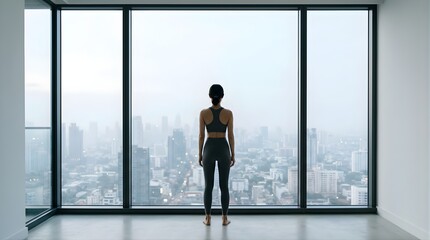 Fototapeta premium Young woman standing in a modern apartment looking at the city skyline