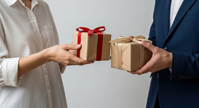 A woman and a man are exchanging gift boxes.