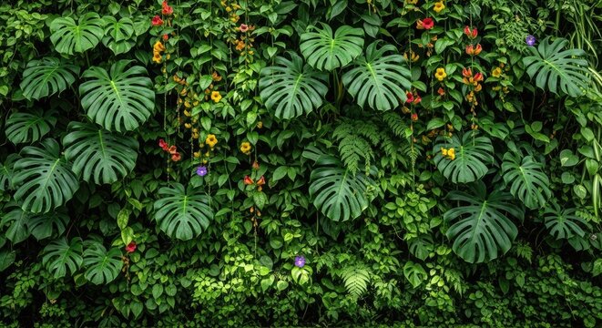 A dense wall of vibrant green tropical foliage creates a lush, textured backdrop. Large, glossy Monstera leaves dominate the scene, interspersed with smaller ferns, colorful flowers