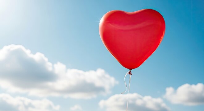 A vibrant red heart-shaped balloon floats gracefully in a clear blue sky dotted with fluffy white clouds. Sunlight streams through the clouds, creating a bright and cheerful atmosphere.