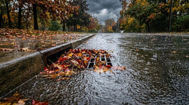 Autumn leaves blocking storm water drainage grate on rainy city street with run off drainage stormwater flooding infrastructure precipitation seasonal cleaning maintenance