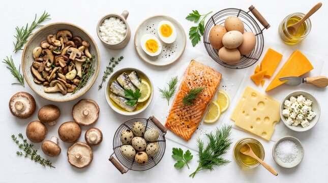 A flat lay arrangement showcases a variety of ingredients for a delicious meal. Several eggs, both shelled and boiled, sit alongside salmon fillets, mushrooms, sardines, cheese, and herbs.