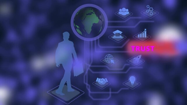 Digital transformation and corporate trust concept featuring a silhouette businessman walking toward futuristic global brain network and data analytics symbols for modern business strategy