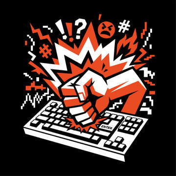 A stylized fist slams down onto a computer keyboard in anger