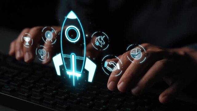 Hands typing on a keyboard with glowing icons and a rocket symbolizing innovation, technology, and digital startup growth concepts in a dark environment Sigmoid