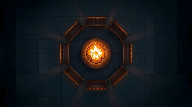 Circular fire pit with surrounding benches at night aerial view