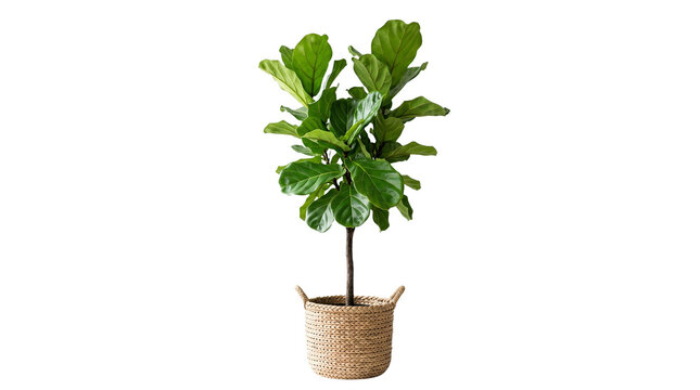 Fiddle leaf fig tree in woven wicker basket, lush green ficus lyrata houseplant, tropical indoor plant for home decor isolated PNG with Transparent Background