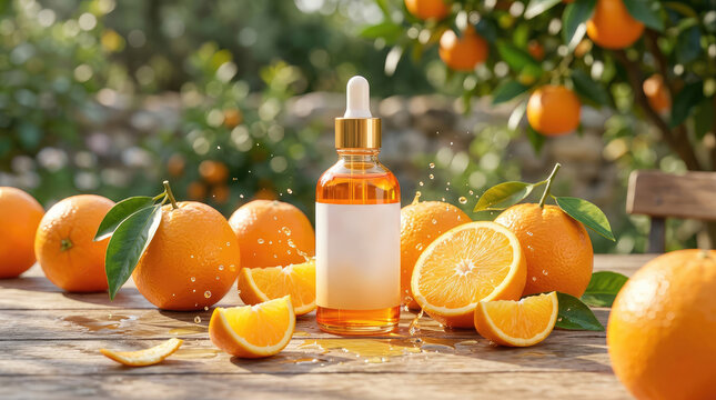 A golden amber serum bottle sits on a weathered wooden table, surrounded by fresh oranges and orange slices. The background features a blurred orange grove with trees and foliage.