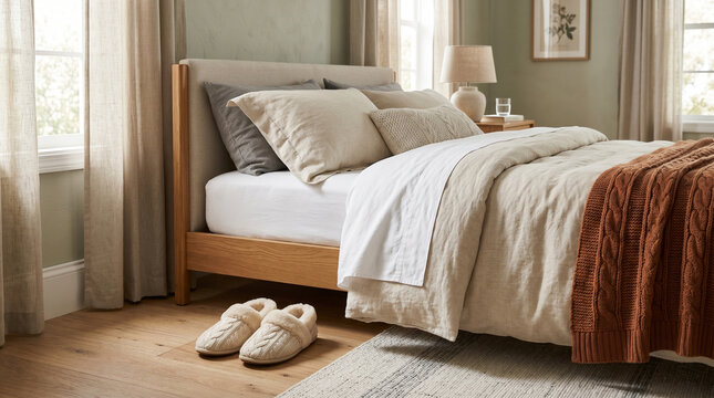 Cozy bedroom with wooden bed and soft bedding in natural light  