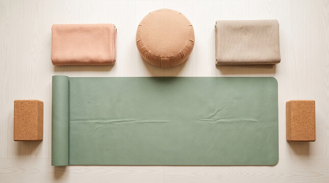 Top view of a sage green yoga mat with cork blocks, meditation cushion and folded blankets arranged on a light wooden floor for a calm home wellness and mindfulness setup.