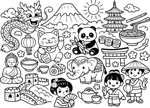 Asien-Kontinent-Cartoon-Umriss, handgezeichnete Linienkunst-Illustration, Doodle-Kunst-Malvorlage f&uuml;r Kinder