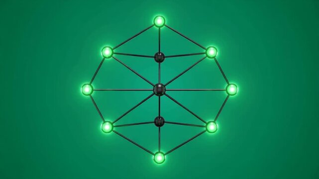Abstract animation of interconnected nodes with glowing light effects on a green background