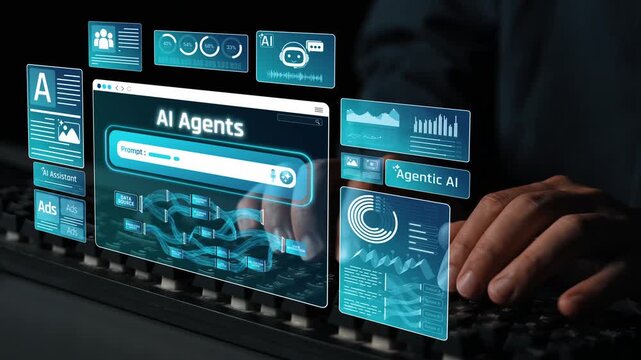 Futuristic User Interface with AI Agents Displaying Data Analytics on Computer Screen in a Dark Environment Sigmoid