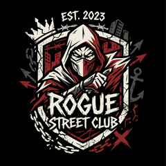 Obraz premium A masked hooded figure stands inside a gritty urban emblem