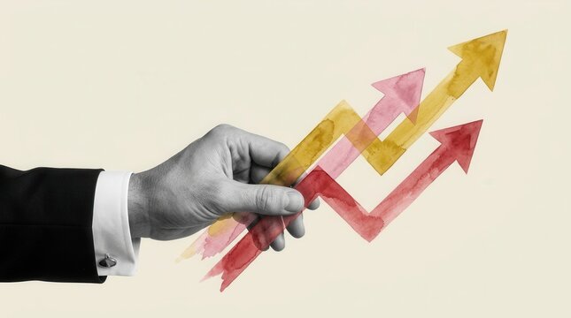 Creative poster collage featuring a hand body fragment holding arrows for statistics progress and achieving goals.