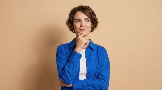 Pensive young clever lady in blue shirt touching chin and looking into empty space in deep thinking, isolated on beige background.