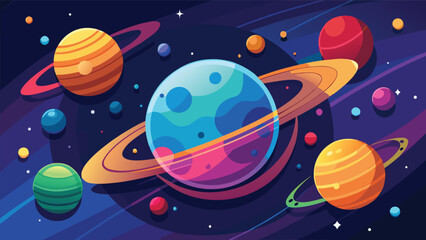 Naklejka premium Illustration of a solar system with orbiting rings around planets science fiction universe astronomy celestial exploration colorful background astrophysics infinity abstract wallpaper