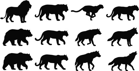 Obraz premium Wild Animal Silhouette Collection Featuring Lion Panther Cheetah Bear Hyena and Wolf Vector Set
