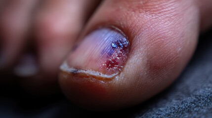 Fototapeta premium Close-Up View of Injured Toenail with Bruising and Blood Stains