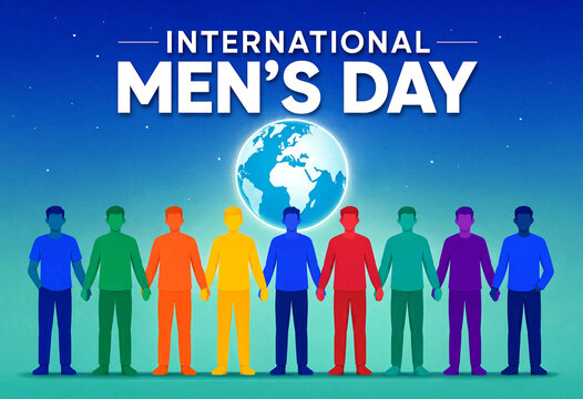 Colorful illustration of diverse men holding hands celebrating international mens day together globally
