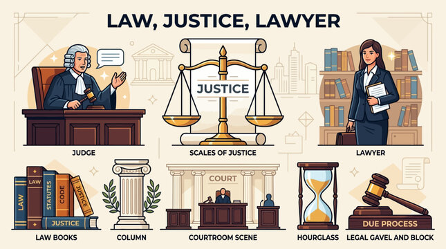 A collection of illustrated legal icons representing the justice system and professional law practice