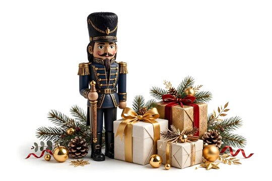 Traditional nutcracker soldier standing beside wrapped Christmas gifts with evergreen branches, ornaments, ribbons, and festive decorations isolated on a white background
