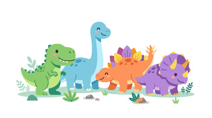 Naklejka premium A group of colorful cartoon dinosaurs stands together in a friendly arrangement against a plain white background.