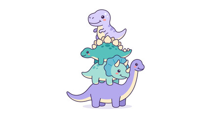 Naklejka premium A stack of four cute cartoon dinosaurs in pastel colors stands against a clean white background in a flat vector illustration style.