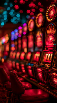 Brightly lit slot machines in a casino setting