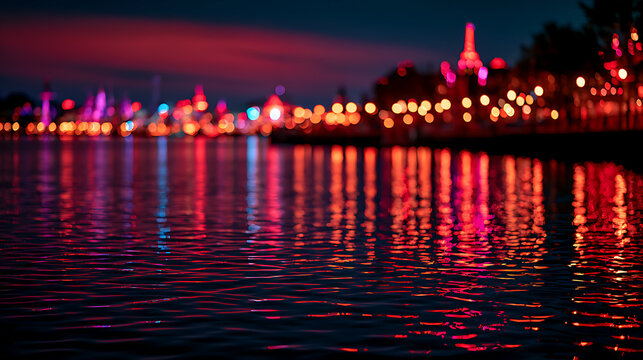 Colorful lights reflect on water at night