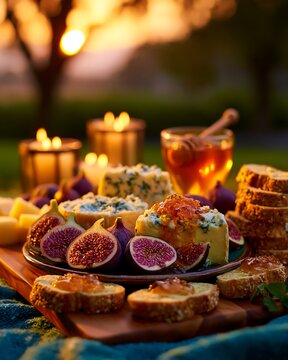Cheese platter with figs, honey, bread, candles, and drink