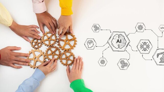 Collaborative Hands Engaging with Gears and AI Concept, Symbolizing Innovation and Technology Integration in Teamwork and Problem Solving. Entropy.