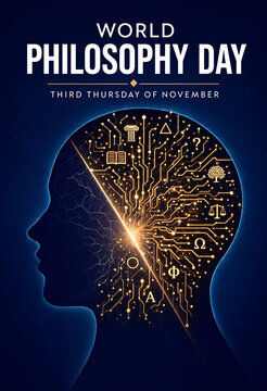Creative world philosophy day poster with brain and circuit design celebrating knowledge and wisdom concept
