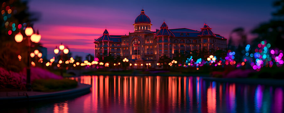 Colorful lights reflect on water at a building during sunset