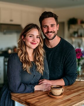 Smiling couple sitting together at a kitchen table with coffee