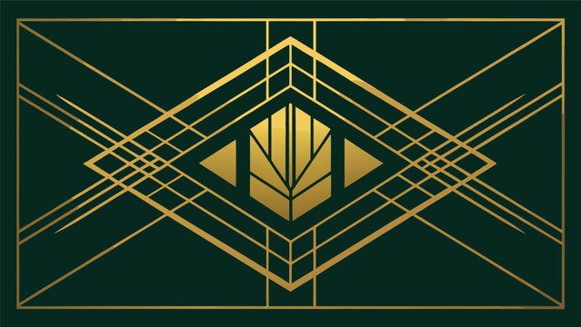 Art deco geometric golden leaf frame pattern on dark teal background with geometric ornament luxurious decorative symmetry background minimalist illustration wallpaper invitation template