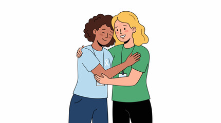 Fototapeta premium A Warm Embrace: Two diverse women share a heartfelt hug, symbolizing friendship, support, and unity. Their closed eyes and gentle smiles convey a deep connection and mutual affection.