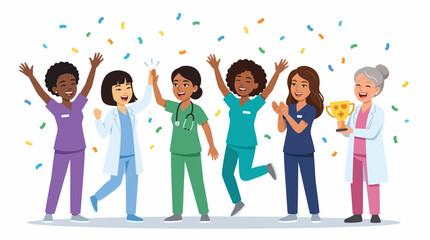 Obraz premium Healthcare Heroes Celebration: A vibrant illustration depicts a diverse group of smiling healthcare professionals, wearing scrubs and lab coats, celebrating with confetti and a golden trophy.