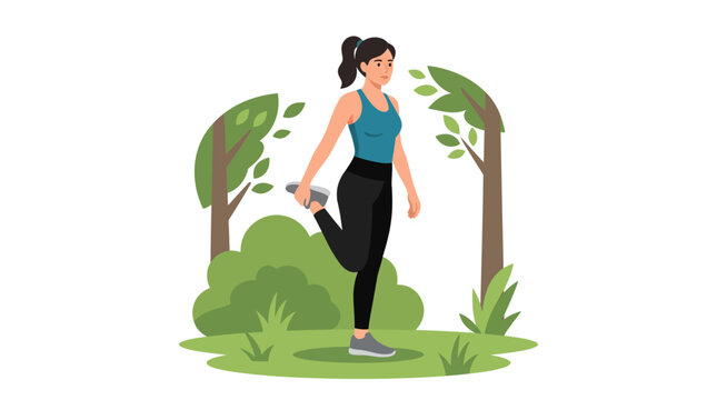 Outdoor Exercise: A woman with her hair in a ponytail, wearing workout clothes, stretches her leg outdoors amidst trees and green bushes, embodying a healthy lifestyle.
