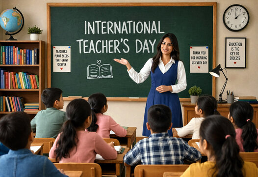 Happy female teacher celebrating international teachers day with students in a colorful classroom setting
