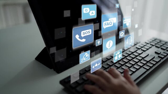 FAQ and online help icons show question, answer, and support system. FAQ improves online help experience, customer service quality, and FAQ knowledge access. Funnel