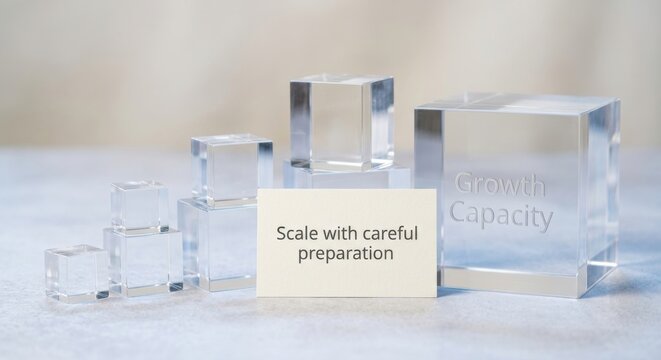 Clear Acrylic Cubes and Text Message on a Neutral Studio Surface Showing Business Growth Concept