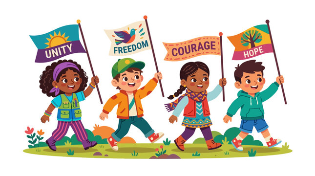 Four diverse children marching together while holding colorful flags with positive messages.