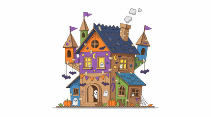 Obraz premium Spooky Halloween House Illustration: A whimsical, colorful house adorned with bats, ghosts, pumpkins, and festive flags, perfect for Halloween-themed designs.