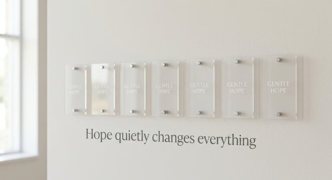 Clear Acrylic Plaques Displaying Inspirational Words Mounted on a Wall Beneath a Profound Quote