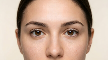 Fototapeta premium Close up portrait of a young woman with natural brown eyes and clear skin.