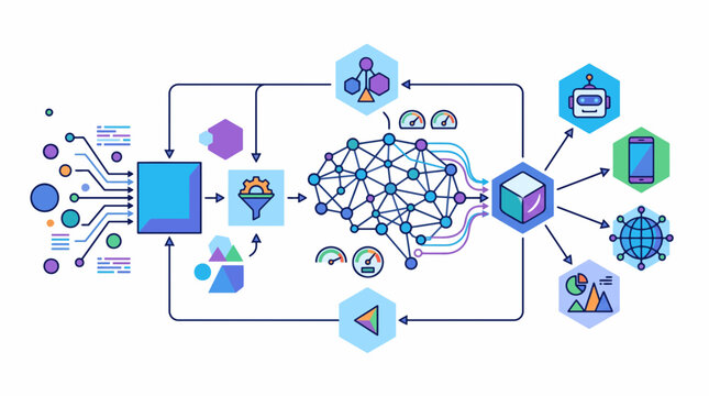 AI Neural Network Process: An abstract illustration depicts the complex process of artificial intelligence, from data input and processing to the output of a neural network.