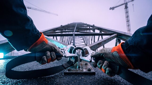 Construction workers securing a safety harness lanyard to an anchor point on a steel bridge structure