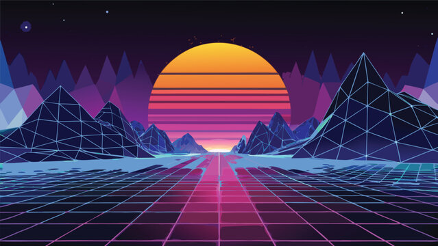Retro synthwave landscape with glowing sun and grid horizon synthwave retrowave vaporwave landscape cyberpunk futuristic mountain stylized illustration abstract background eighties